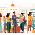 Diverse customers interacting with a brand, giving feedback and engaging with staff, illustrating positive brand perception and strong customer connections.