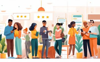 Diverse customers interacting with a brand, giving feedback and engaging with staff, illustrating positive brand perception and strong customer connections.