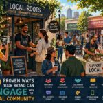 Illustration of a local business owner engaging with customers at a neighborhood event, showing community interaction, collaboration with nearby businesses, and social engagement activities