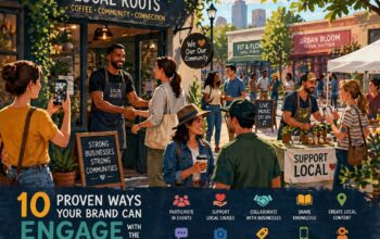 Illustration of a local business owner engaging with customers at a neighborhood event, showing community interaction, collaboration with nearby businesses, and social engagement activities